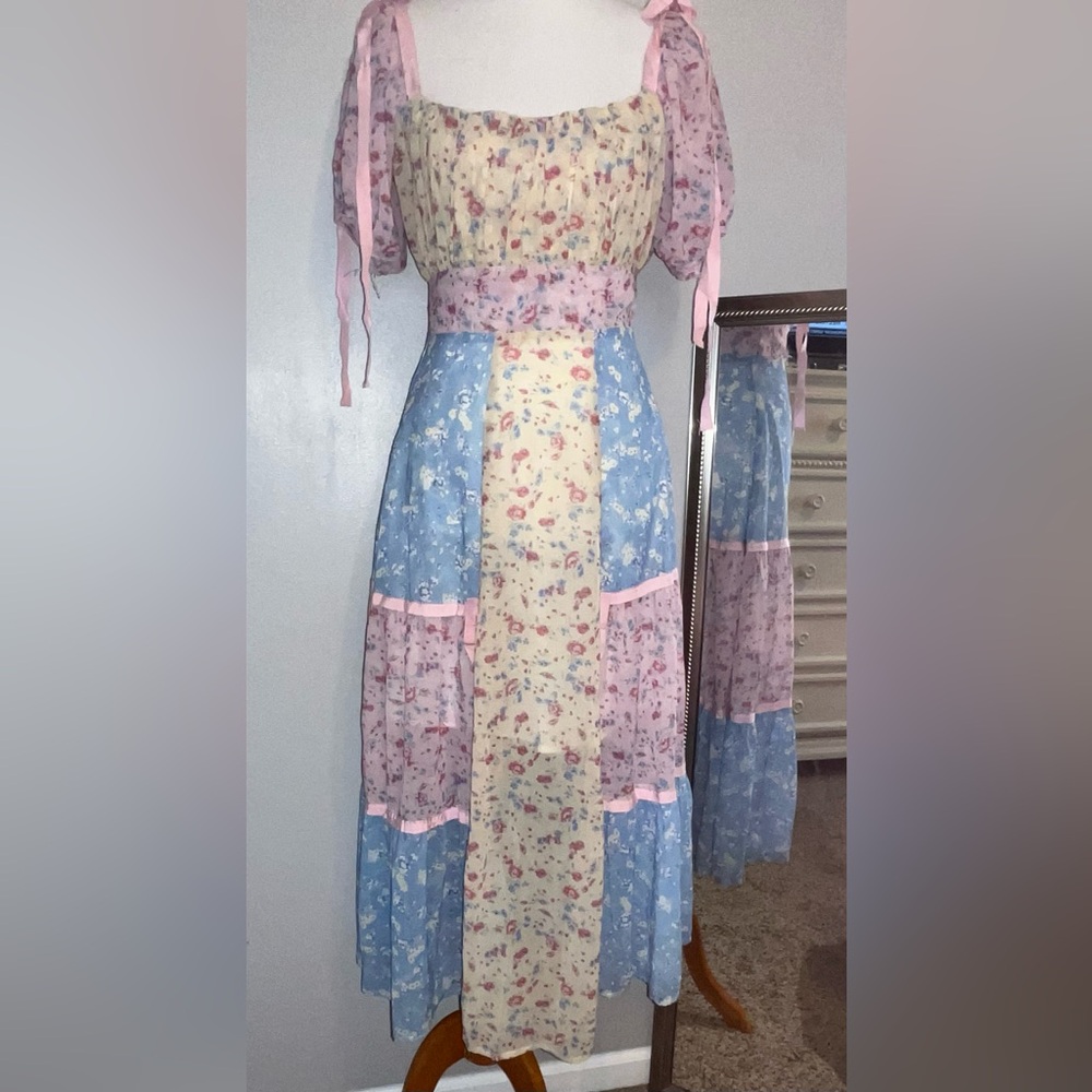 Yvonne & Love rose jaune bleu fleurs manches bouffantes maxi boho (taille M) - Picture 7 of 17